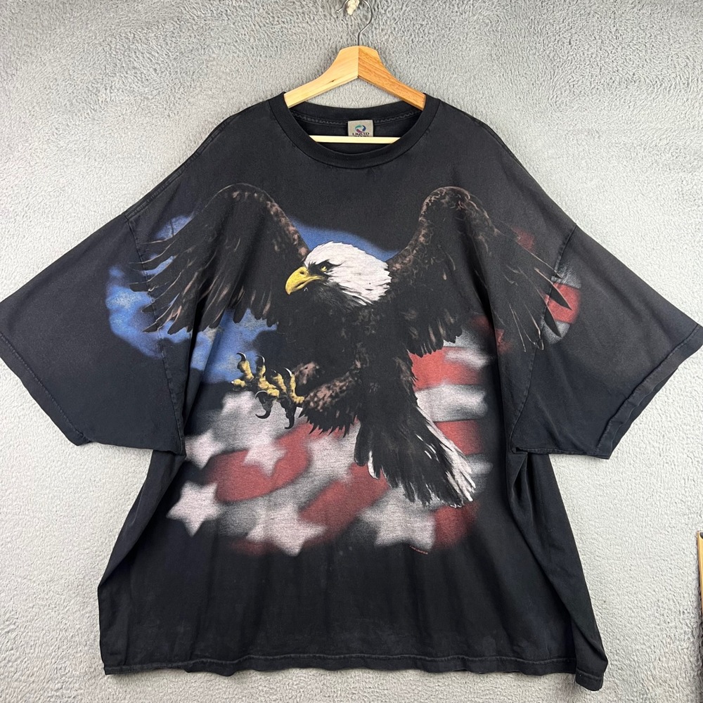 Liquid Blue Mens 5XL Bald Eagle American Flag Graphic T-Shirt Black 2006 Vintage